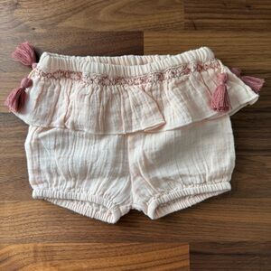 Louise Misha Gauze Cotton Shorts - Blush - Embroidery, Ruffle, & Tassels - 3M